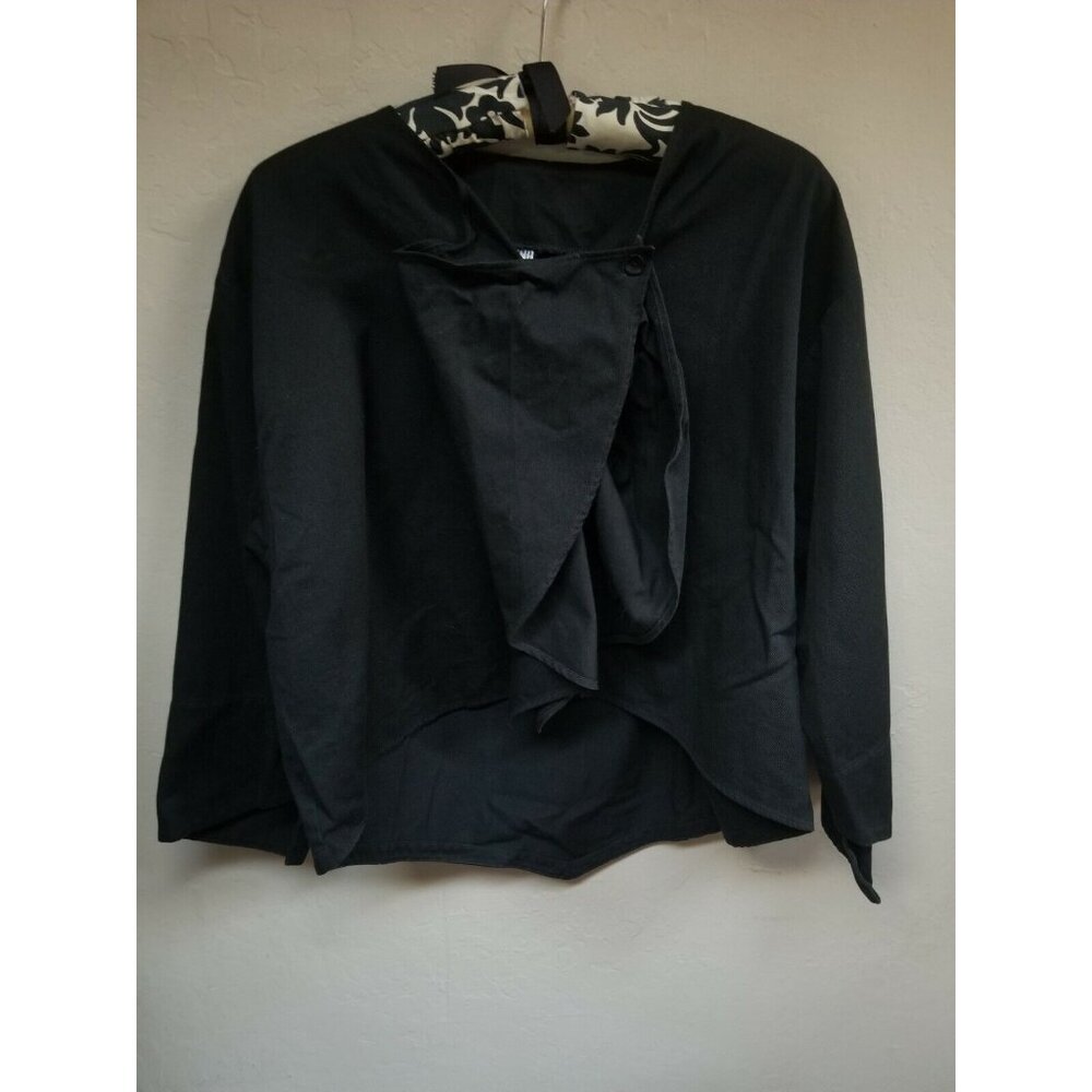 Mizono Womens Small Wrap Top Blouse Button Long Sleeve Cotton Black